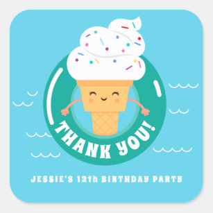 Cute Kawaii Ice Cream Pool Party Kids Thank You Square Sticker