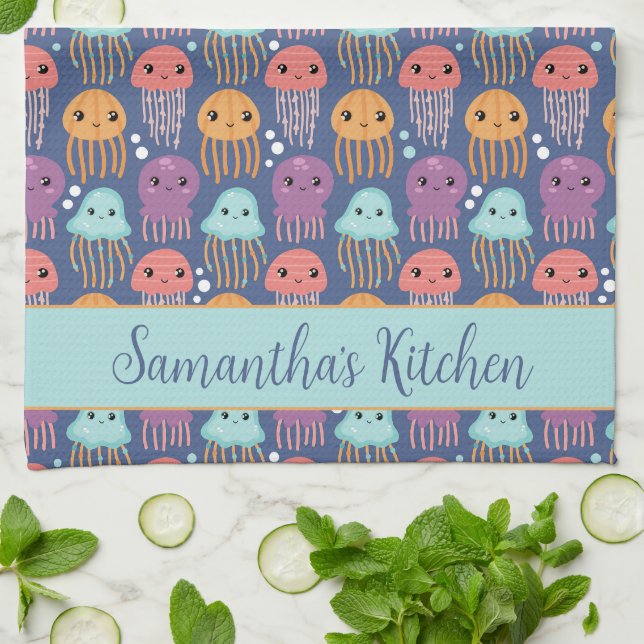 Cute Kawaii Jellyfish Personalized Kitchen Towel (Folded)