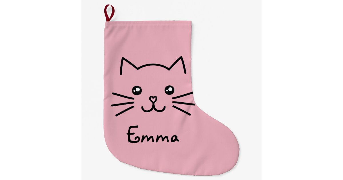 Cute Kawaii Kitten Cat Face With Pink Heart Nose Large Christmas Stocking Zazzle Ca
