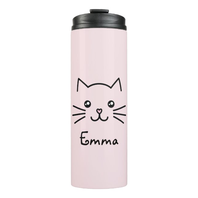 Cute Kawaii Kitten Cat Face With Pink Heart Nose Thermal Tumbler (Front)