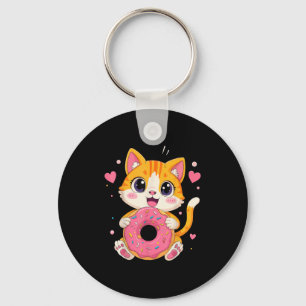 Cute Kawaii Kitten Holding Doughnut Funny Graphic Keychain