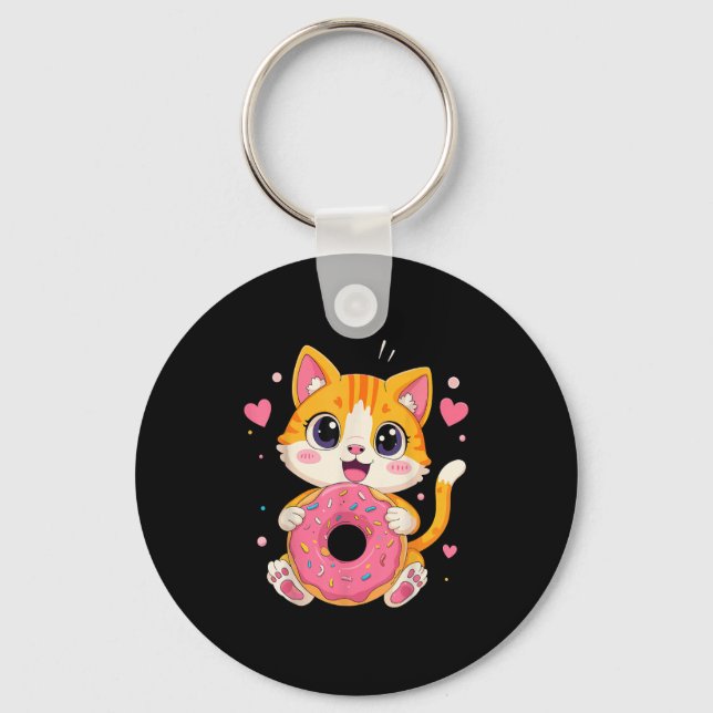 Cute Kawaii Kitten Holding Doughnut Funny Graphic  Keychain (Front)
