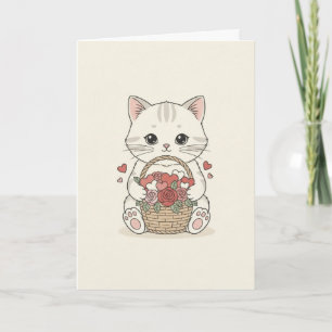 Cute Kawaii Kitten Rose Heart Basket Illustration  Card