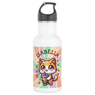 Cute Kawaii Kitten with Bubble Tea Personalized 532 Ml Water Bottle
