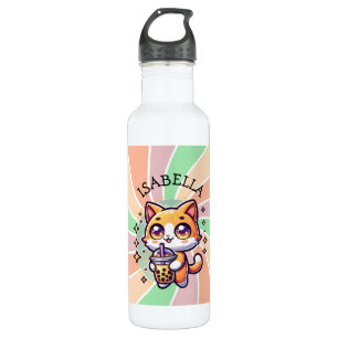 Cute Kawaii Kitten with Bubble Tea Personalized 710 Ml Water Bottle