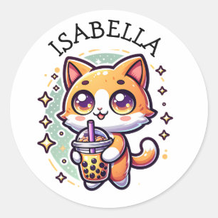 Cute Kawaii Kitten with Bubble Tea Personalized Classic Round Sticker