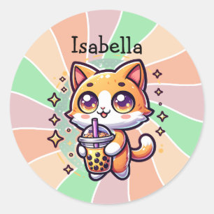 Cute Kawaii Kitten with Bubble Tea Personalized Classic Round Sticker