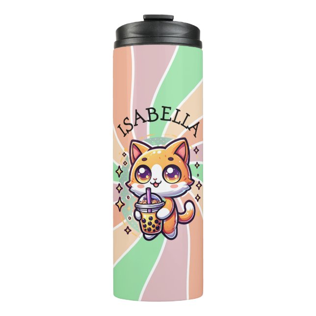 Cute Kawaii Kitten with Bubble Tea Personalized Thermal Tumbler (Front)