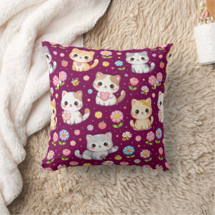 Cute Kawaii Kittens and Pastel Flowers Throw Pillow
