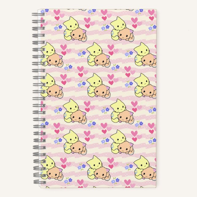 Cute Kawaii Kittens Patterns Pink Spiral Notebook (Front)