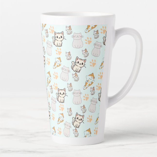 Cute Kawaii Kittens & Paws Pattern Latte Mug (Right)
