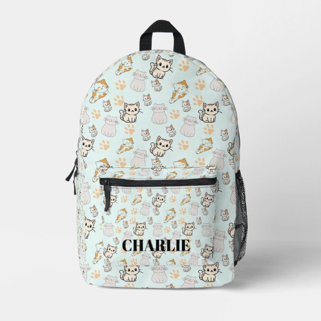 Cute Kawaii Kittens & Paws Personalized Backpack (Front)