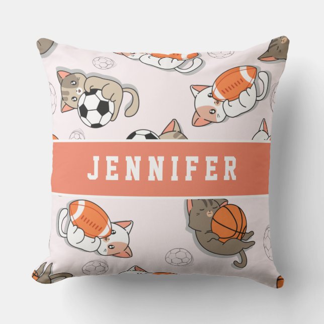 Cute Kawaii Kittens & Sports Balls Girls Name Kids Throw Pillow (Front)