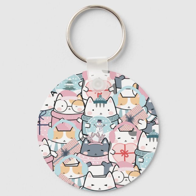 Cute Kawaii Kitties in Winter And Snowglobe Keychain (Front)