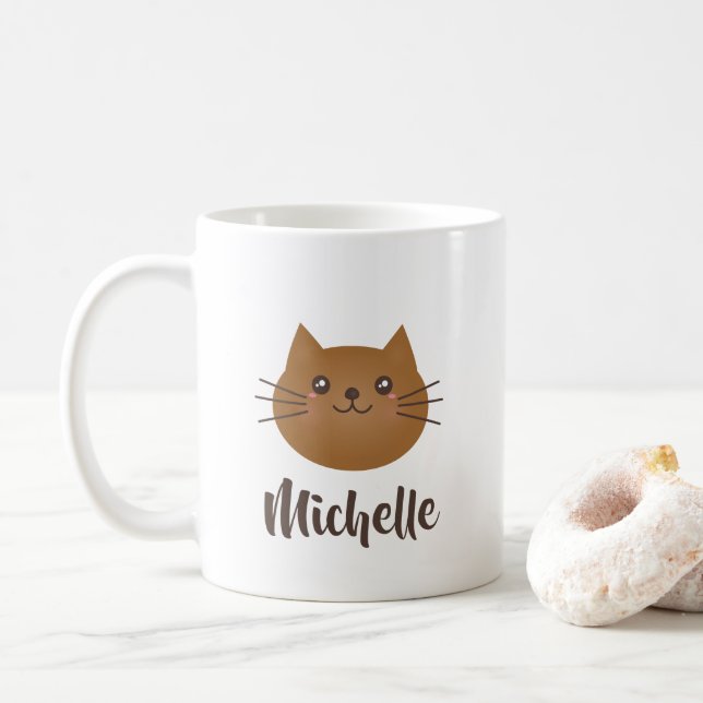 Cute Kawaii Kitty Cat Lover Whimsical Monogram Coffee Mug (With Donut)