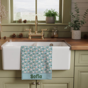 Cute kawaii kitty pattern azure blue name kitchen towel
