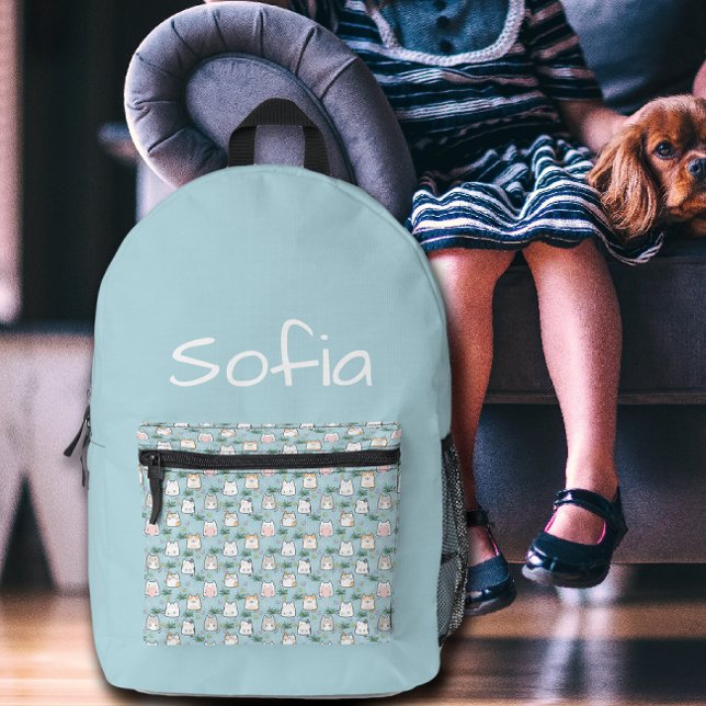 Cute kawaii kitty pattern azure blue name printed backpack (Creator Uploaded)