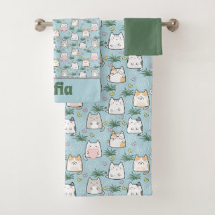 Cute kawaii kitty pattern green blue name bath towel set