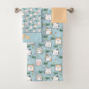 Cute kawaii kitty pattern yellow blue name bath towel set