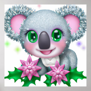 Cute Kawaii Koala Bear with Flowers Poster