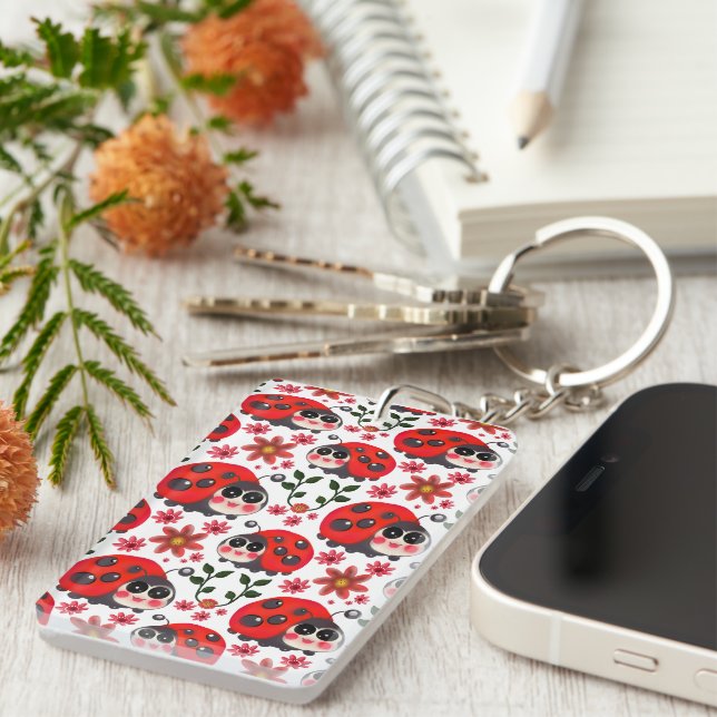 Cute Kawaii Ladybug Floral Seamless Pattern | Hand Keychain (Front Right)