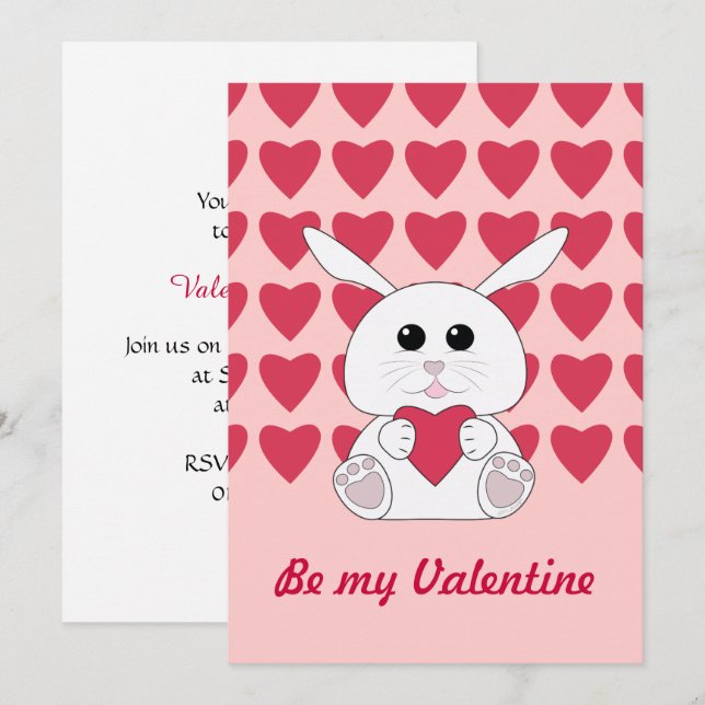 Cute Kawaii lapin blanc Valentines Invitation de c (Devant / Derrière)