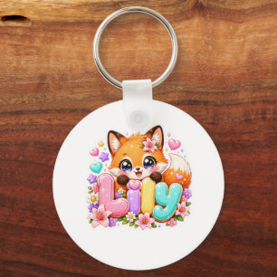Cute Kawaii Lily Fox Name Pastel Pink Floral Woodl Keychain