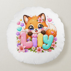 Cute Kawaii Lily Fox Name Pastel Pink Floral Woodl Round Pillow