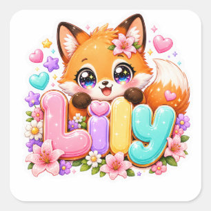 Cute Kawaii Lily Fox Name Pastel Pink Floral Woodl Square Sticker