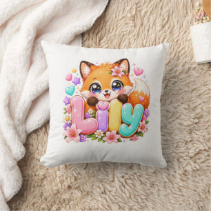 Cute Kawaii Lily Fox Name Pastel Pink Floral Woodl Throw Pillow