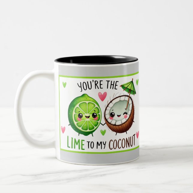 Cute Kawaii Limes and Coconut Two-Tone Coffee Mug (Left)