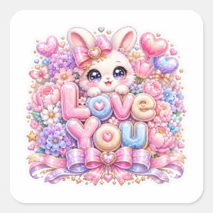 Cute Kawaii Love You Bunny Rabbit Pastel Pink Flor Square Sticker
