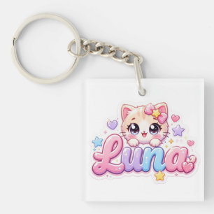 Cute Kawaii Luna Cat Name Pastel Pink Sparkling Ki Keychain