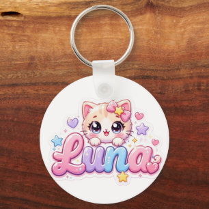 Cute Kawaii Luna Cat Name Pastel Pink Sparkling Ki Keychain