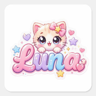 Cute Kawaii Luna Cat Name Pastel Pink Sparkling Ki Square Sticker