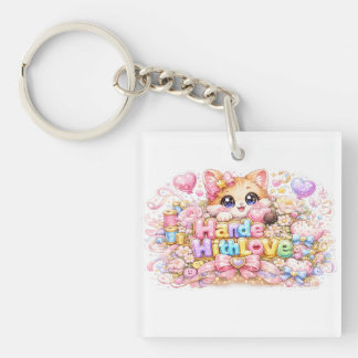 Cute Kawaii Made With Love Cat Name Pastel Pink Fl Keychain