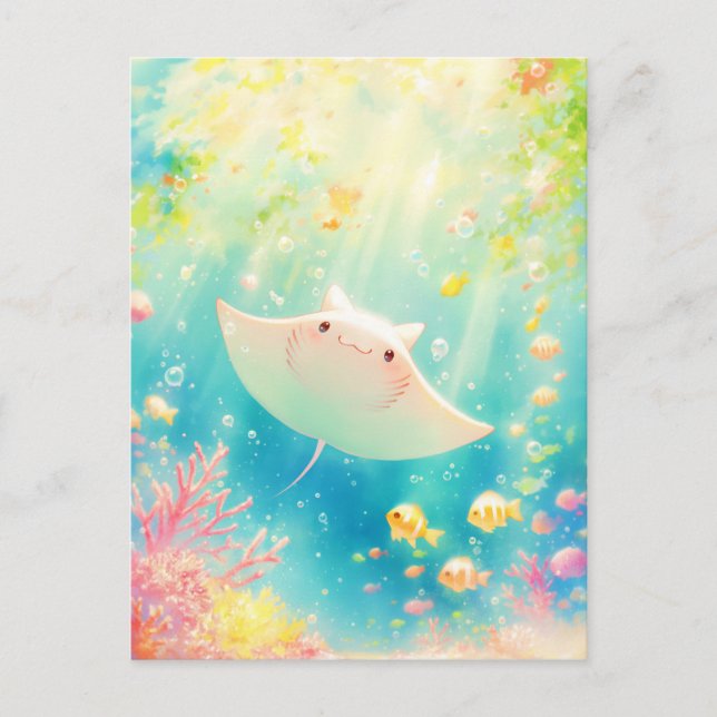 Cute Kawaii Manta Ray Sunlit Reef Postcard (Front)