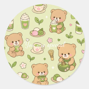 Cute Kawaii Matcha Teddy Bear Pattern Green Tea Classic Round Sticker