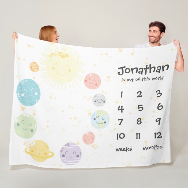Cute Kawaii Milky Way Planets Baby Milestone Fleece Blanket (In Situ)