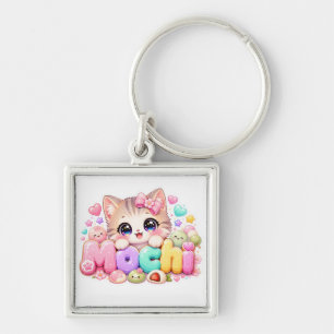 Cute Kawaii Mochi Cat Name Pastel Pink Sparkling K Keychain
