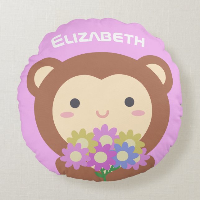 Cute Kawaii Monkey and Flowers Purple Pink Name Round Pillow (Front)