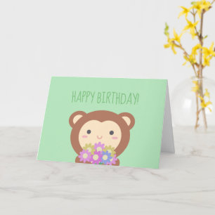 Cute Kawaii Monkey Boy and Flowers Happy Birthday Card