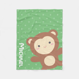 Cute Kawaii Monkey Green Polka Dots Fleece Blanket