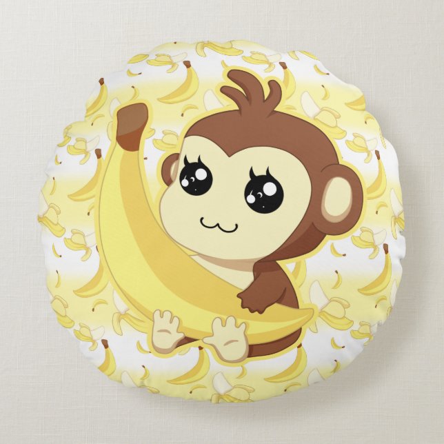Cute Kawaii monkey holding banana Round Pillow (Front)