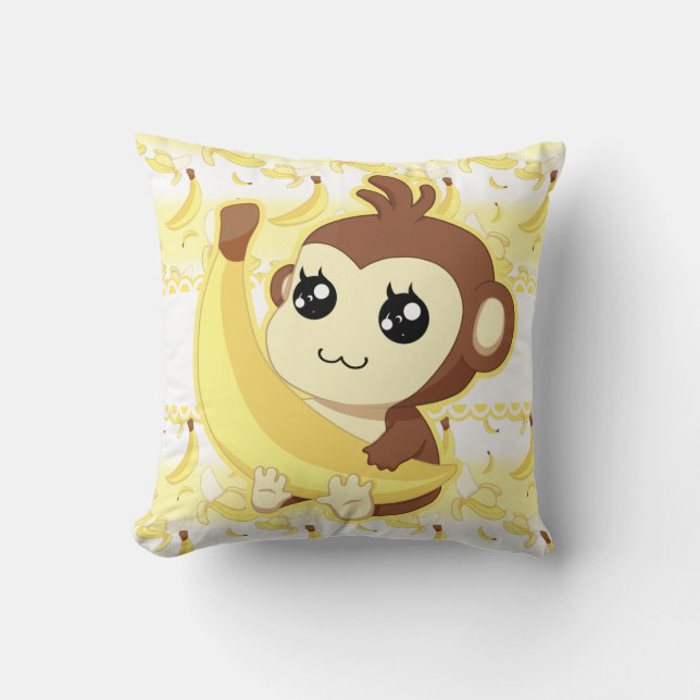 Cute Kawaii monkey holding banana Throw Pillow (Front)