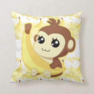 Cute Kawaii monkey holding banana Throw Pillow