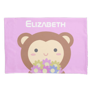 Cute Kawaii Monkey Pastel Purple Pink Flowers Kids Pillowcase