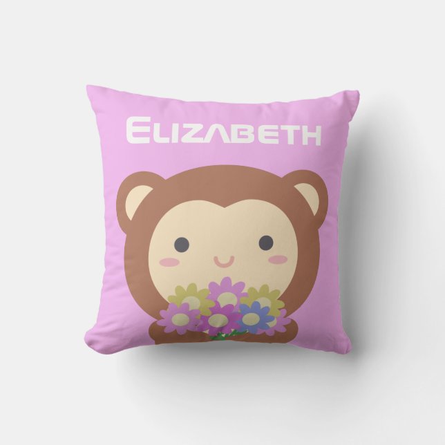 Cute Kawaii Monkey Pastel Purple Pink Flowers Name Throw Pillow (Front)