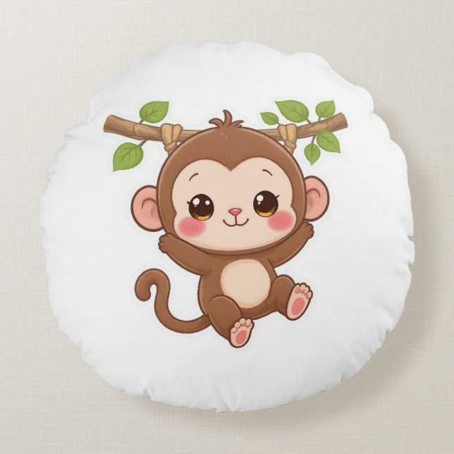 Cute Kawaii Monkey Round Pillow (Front)