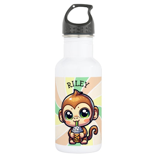 Cute Kawaii Monkey with Bubble Tea Personalized 532 Ml Water Bottle (Front)